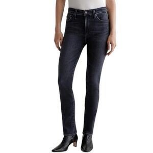 AG Mari High Rise Slim Straight Jeans Denim Black Wash 25 Crop Ankle Raw Hem